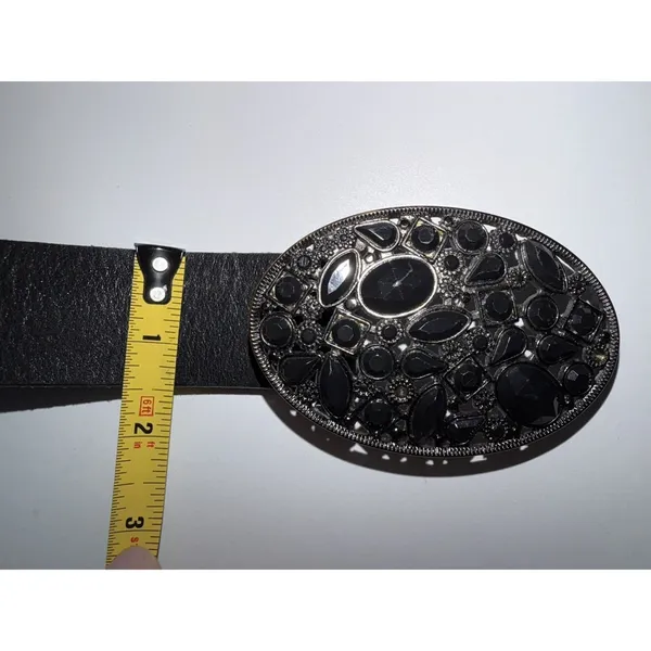 Express Black Leather‎ Black Rhinestone Buckle Cowboy Western Belt Women's Sz S - Image 4