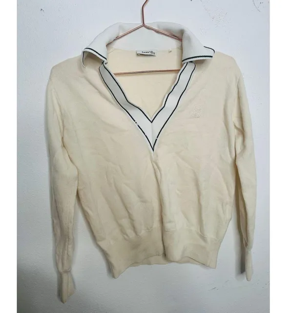 SANDRO Off-White Wool Knit Long Sleeve Retro Prep Alizia Sweater Size Small - Image 5