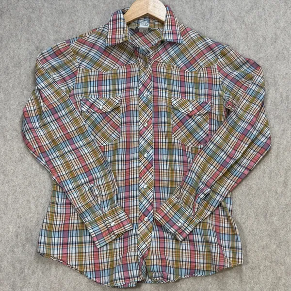 EV Ltd Vintage Womens M‎ Western Pearl Snap Shirt Plaid Multi-Color Long Sleeve - Image 2