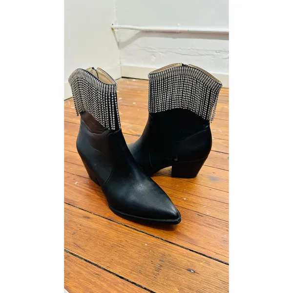 OASIS SOCIETY Black Silver Nash Rhinestone Fringe Ankle Western Diva Boots sz 10 - Image 2