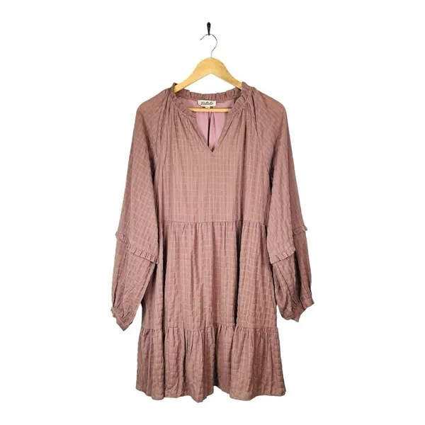 Listicle‎ Tiered Mini Dress Womens Large Dusty Rose Textured Grid Balloon Sleeve - Image 10