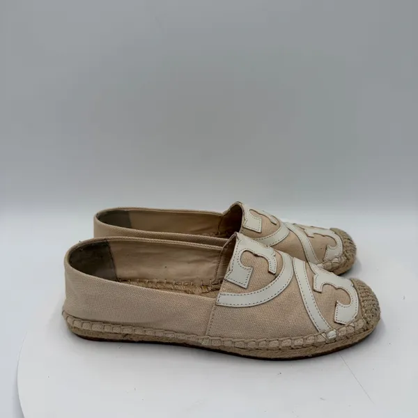 Tory Burch Poppy Espadrille Canvas Flats Beige White Logo 6M 41012 - Image 2