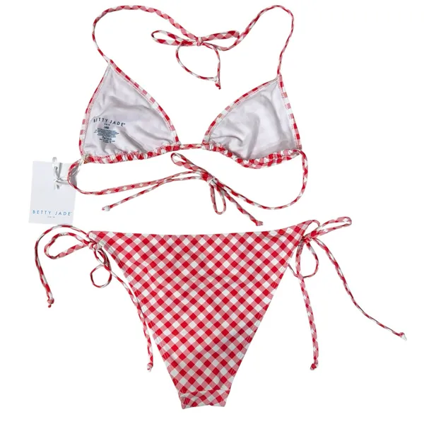 Betty Jade Large Triangle String Bikini Swim Top Bottoms Plaid Tie Straps Lined - Image 4