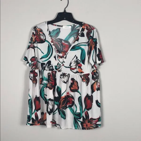 Floral Lace Up Babydoll Top Short Sleeve V Neck Stretch Blouse Size Small - Image 7