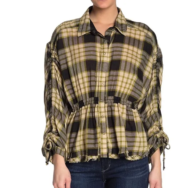 Free‎ People Pacific Dawn Plaid Shirt black green tan sz L - Image 3