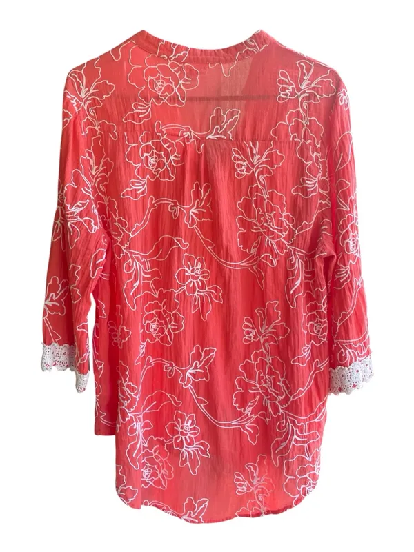 Cabana Cay Swim Cover Up Blouse Women’s XL Floral Embroidery 3/4 Sleeves Cotton - Image 2