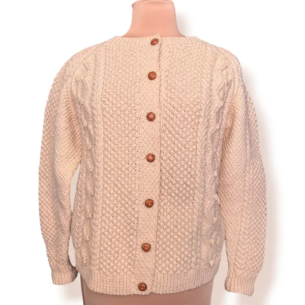 Vintage Aran Fisherman Cable Knit Cardigan Cream Wool Blend Cozy Sweater Classic - Image 10