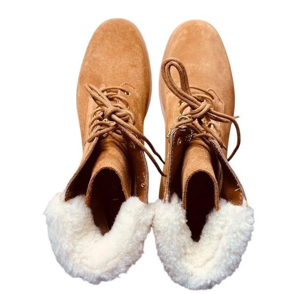 Lauren Ralph Lauren Carlee suede tan combat lace-up boots fauxshearling 8.5 New - Image 2