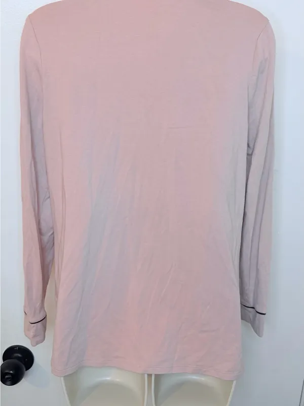 Soma Pink Knit Pajama Top Small Long Sleeve Button Up Black Piping - Image 8