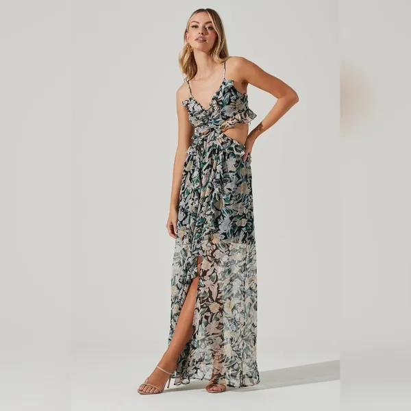 NWT ASTR THE LABEL PALACE FLORAL CUTOUT RUFFLE MAXI DRESS multicolor SIZE SMALL - Image 3