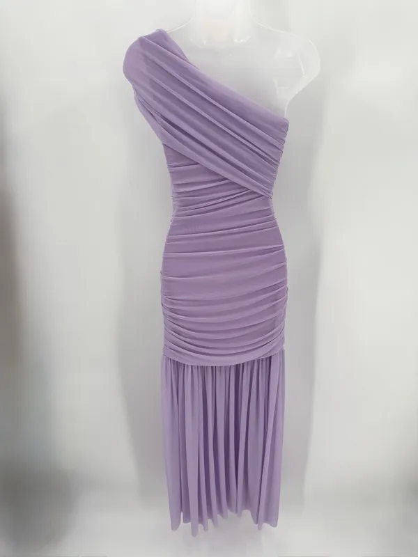 Formal Bodycon Dress Women’s S Purple Ruched Mesh 1 Shoulder Maxi-LAGSHIAN Brand - Image 2