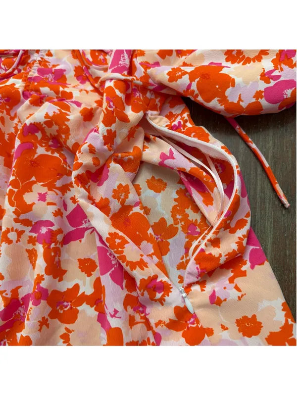 LUCY PARIS Pink & Orange Floral Puff Sleeve Toulouse Tie Babydoll Mini Dress S - Image 11