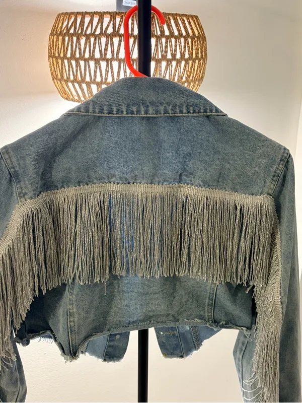 Cropped Fringe Denim Jacket - Image 6