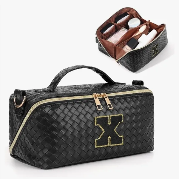 New!Black Woven Travel Toiletry Bag with Gold X Guitar Crossbody Strap - Image 2