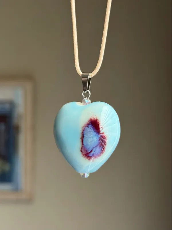 Handmade chunky large heart ceramic bead cute fairy boho whimsy necklace🩵 - Image 2