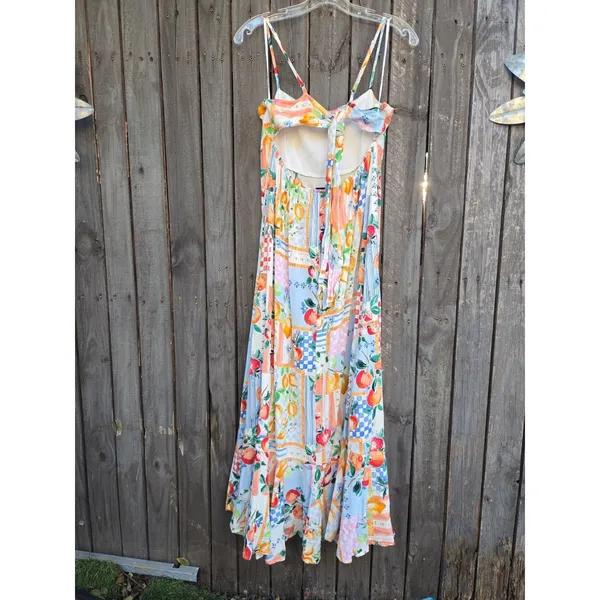 Paper Heart | Anthropologie Floral Fruit Patchwork Print Maxi Tie Back Dress L - Image 3