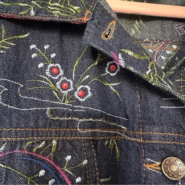 Quacker Factory Jacket Embroidered Floral Blue Denim Jean Trucker Women's Size L - Image 7