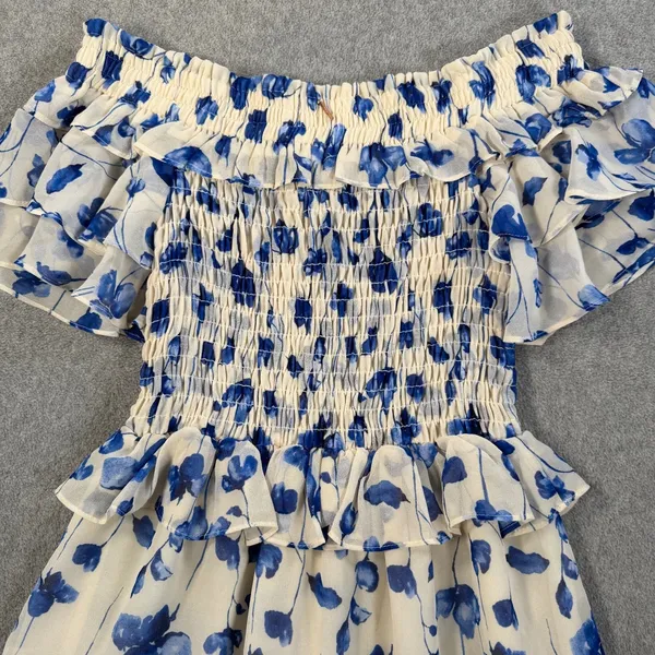 MISA Los Angeles Size Small Blue Floral Smocked Off-Shoulder Mini Dress Ruffle - Image 11
