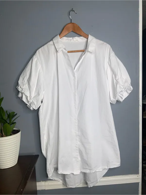 GeeGee White Cotton Button-Front Puff Sleeve Tunic Large - Image 3