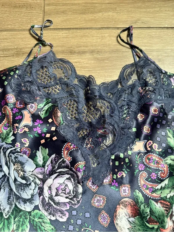 Victoria's Secret Floral Lace Trim Black Slip Tank Top Gold Tag Vintage - Image 11