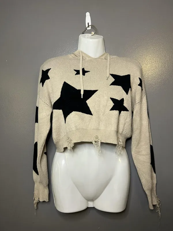 Social Collision Sweater Womens Sm/Med Beige Star Hooded Distressed Cropped - Image 2