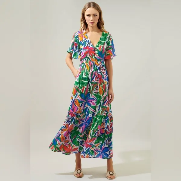 Sugarlips colorful maxi dress Paradise Falls Button Down Flutter sleeve tropical - Image 12