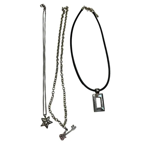 Three silver toned necklace set - guitar pendant, dog paw and square pendant s - Image 5