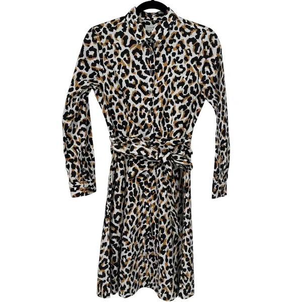 NWT J.Crew Womens Leopard Print Tie Waist‎ Cotton Shirt Dress Long Sleeve Size 0 - Image 4