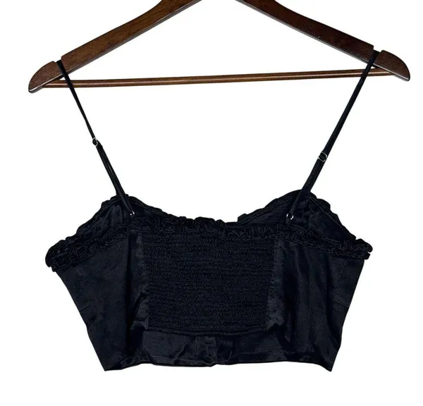 Zara Ruffled Satin Crop Top Adjustable Straps Front Buttons Smocked Back M Black - Image 12