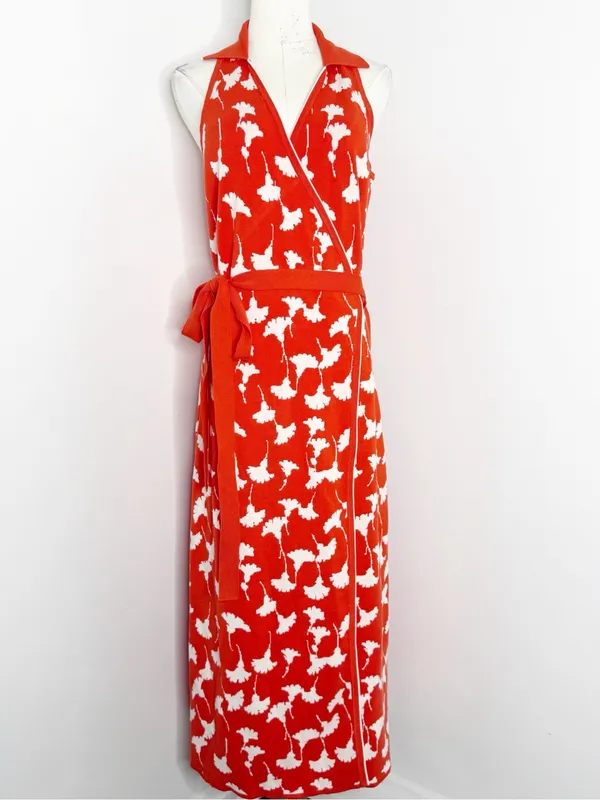 Diane von Furstenberg for Target Sweater Wrap Maxi Dress Size Large Orange White - Image 3
