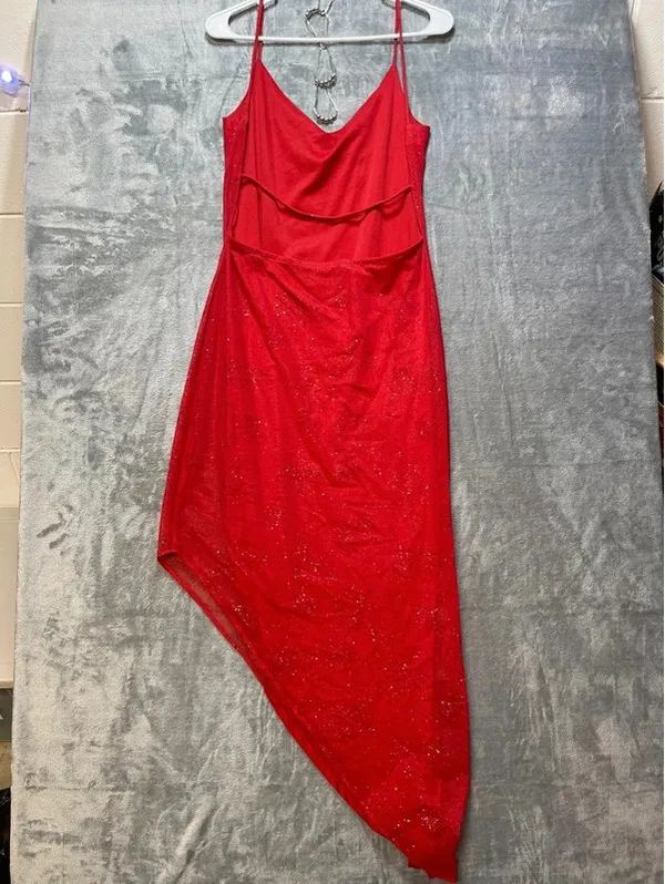 Morgan and Co Linda Bernell Vintage Red Glitter Asymmetrical Mesh Dress No Size - Image 2
