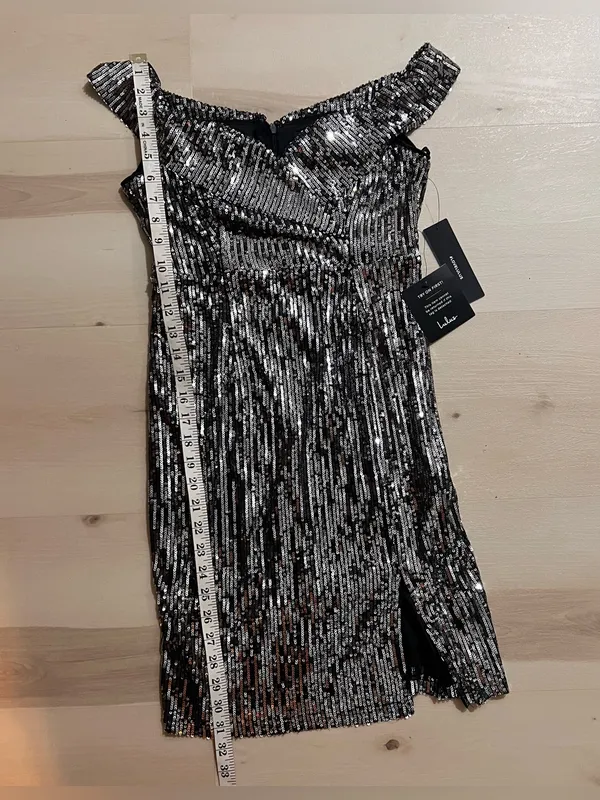 Lulus NWT Women Small Shiny Silver Off the Shoulder Sequin Mini Party Dress - Image 8