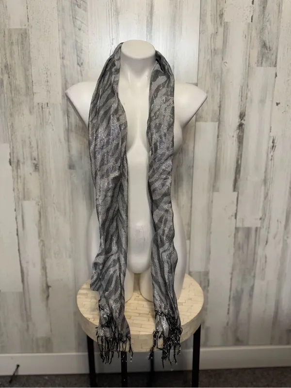 Zebra Print Metallic Fringe Scarf Silver Grey Shimmer Animal Print One Size - Image 2
