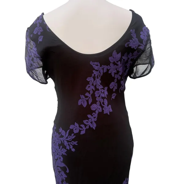 VTG Y2K Maxi Dress 8 Black Purple Beaded Floral Cowl Neck Whimsigoth Vampy‎ Goth - Image 4