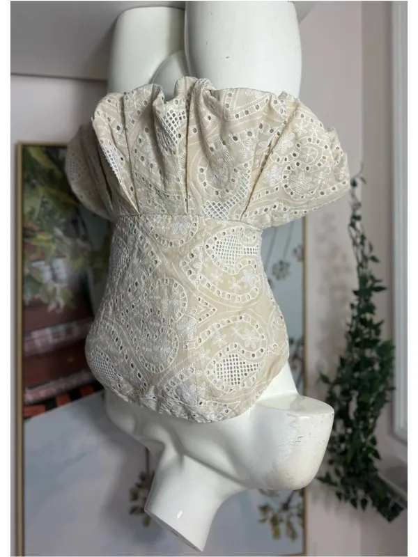 Akira Summer Time Bliss Beige Eyelet Peplum Corset Top Strapless Lace Up Size XL - Image 5