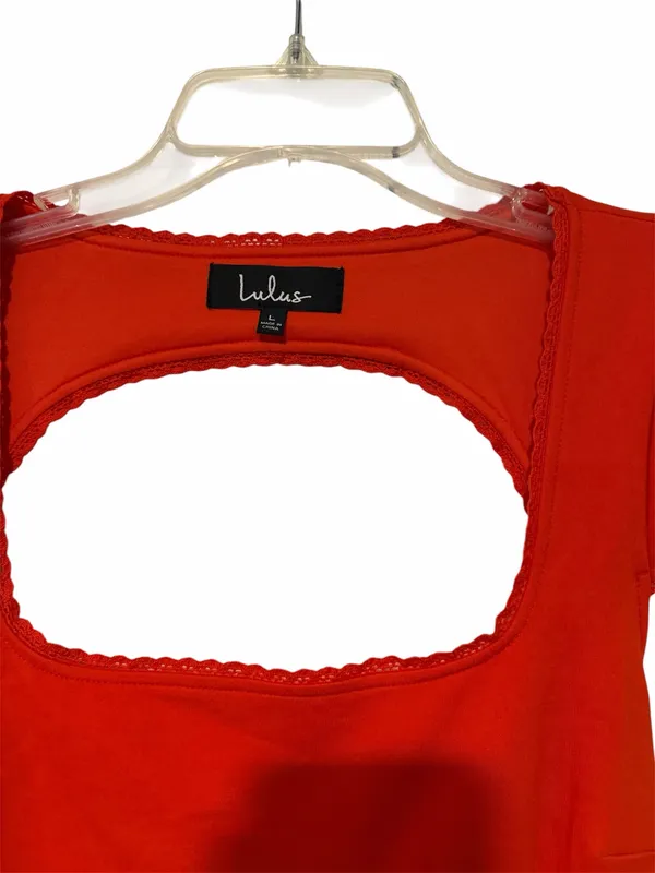 Lulus Red Open Back Bodycon Midi Dress |Square Neck Puff Sleeve| Size Large NWT - Image 4