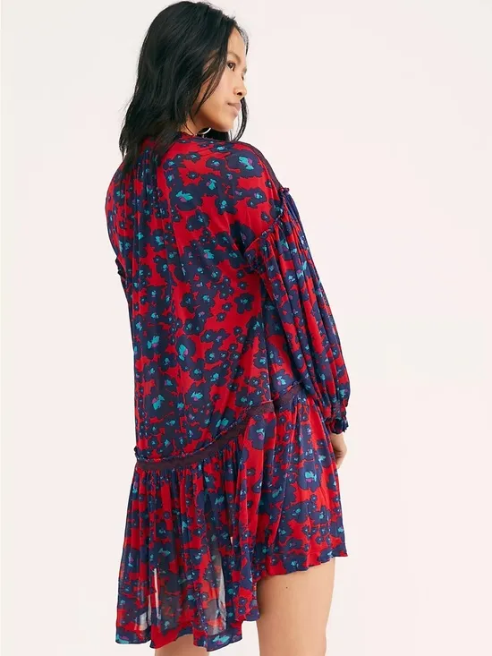 NEW Free People Red Floral Bohemian Keyhole Long Sleeve Mini Dress LRG Tunic - Image 4