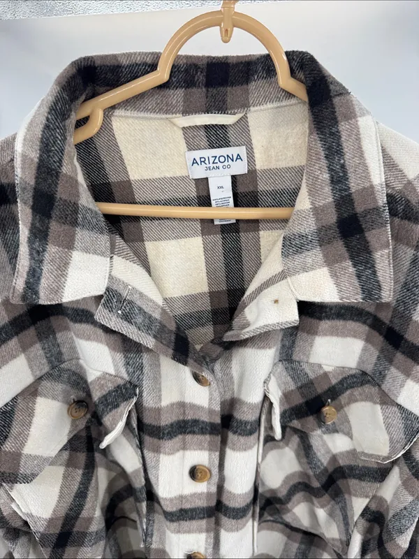 Arizona Jeans Cream black plaid button front shacket shirt jacket XXL - Image 7