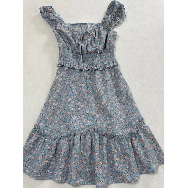 Light Blue Floral Smocked Mini Dress Ruffle Sleeve Women Small H2F367‎ - Image 4