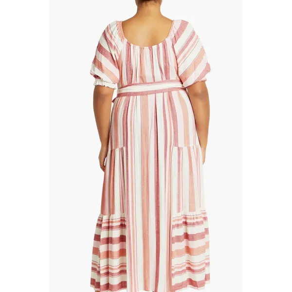 City Chic‎ Jemima Dress Cosmo Striped Tiered Midi Puff Sleeve Belted Pink XXL 24 - Image 2
