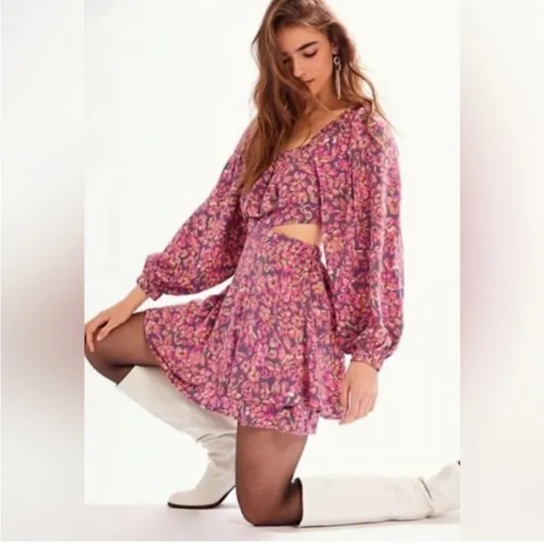 Free People Jeal Bohemian Floral Cutout Dress Pink Long Sleeve Dress Medium - Image 2