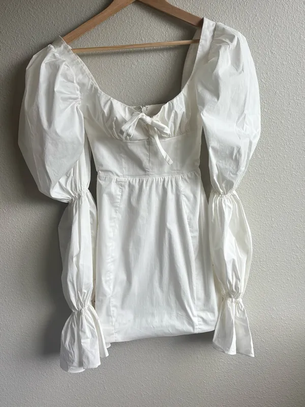 House Of CB White Puff-Sleeve Mini Dress with Tie Front - Image 3
