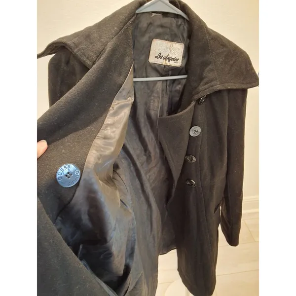 Guess Black Double Breasted Peacoat Wide Shawl Collar Fitted Wool Blend S 2000s - Image 5