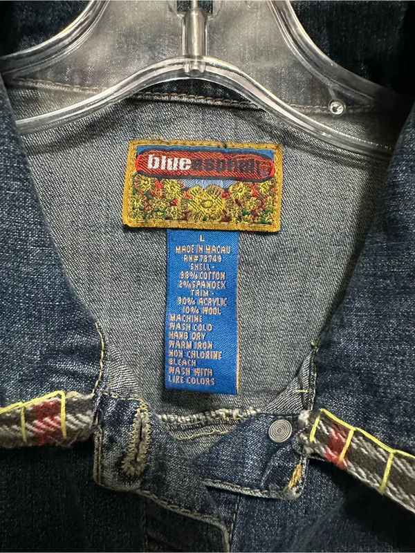 Blue Asphalt Vintage Denim Jacket Large Embroidered Flower Plaid Trim Y2K Cut - Image 6