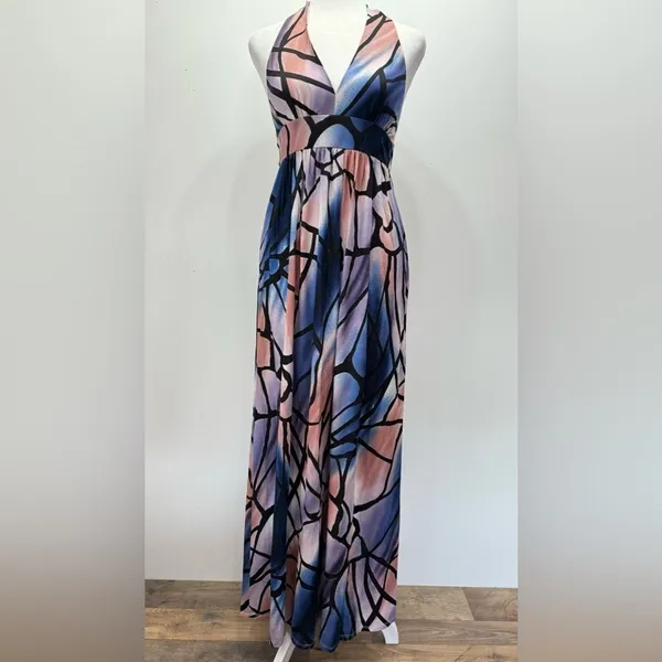 Hourglass Lilly Maxi Dress Black Halter Neckline Low Back Blue Purple Mauve S - Image 4