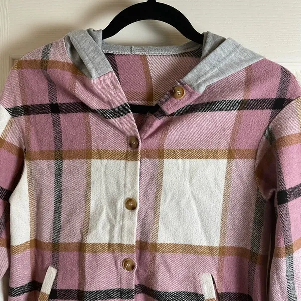Pink Plaid Hooded Button - Image 3