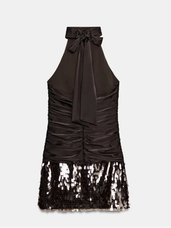 Zara Mini Dress Satin Brown Halter Ruched Sequin - Image 10
