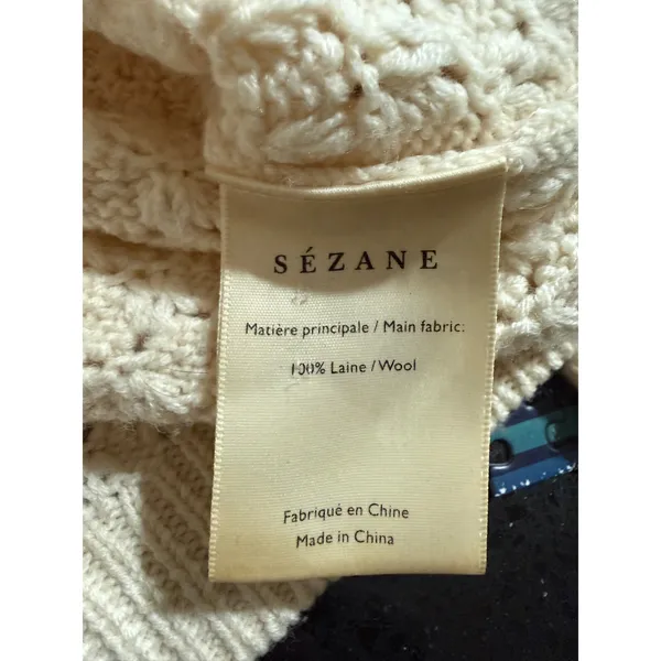 Sézane La Maille Wool Pom Pom Pointelle Cable Knit Sweater Cream XS Mock Neck‎ - Image 6