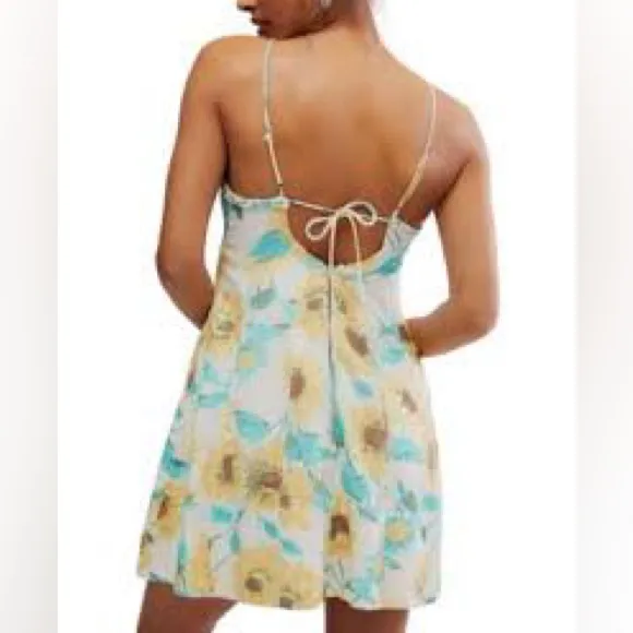 Free People Aqua and Gold Floral Lace-Trim Chemise 656 - Image 2
