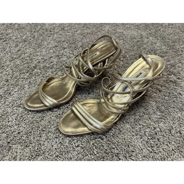 Vintage MANOLO BLAHNIK Metallic Champagne Lace-Up Sandal Stiletto Heels 37.5 - Image 2